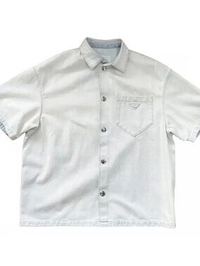 PRADA Bleached Indigo Denim Shirt S/S – Cream / Off White Logo Pocket Size L
